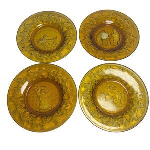 Vintage Tiara Indiana Glass Amber Children's Nursery Rhyme Plates Set of 4
